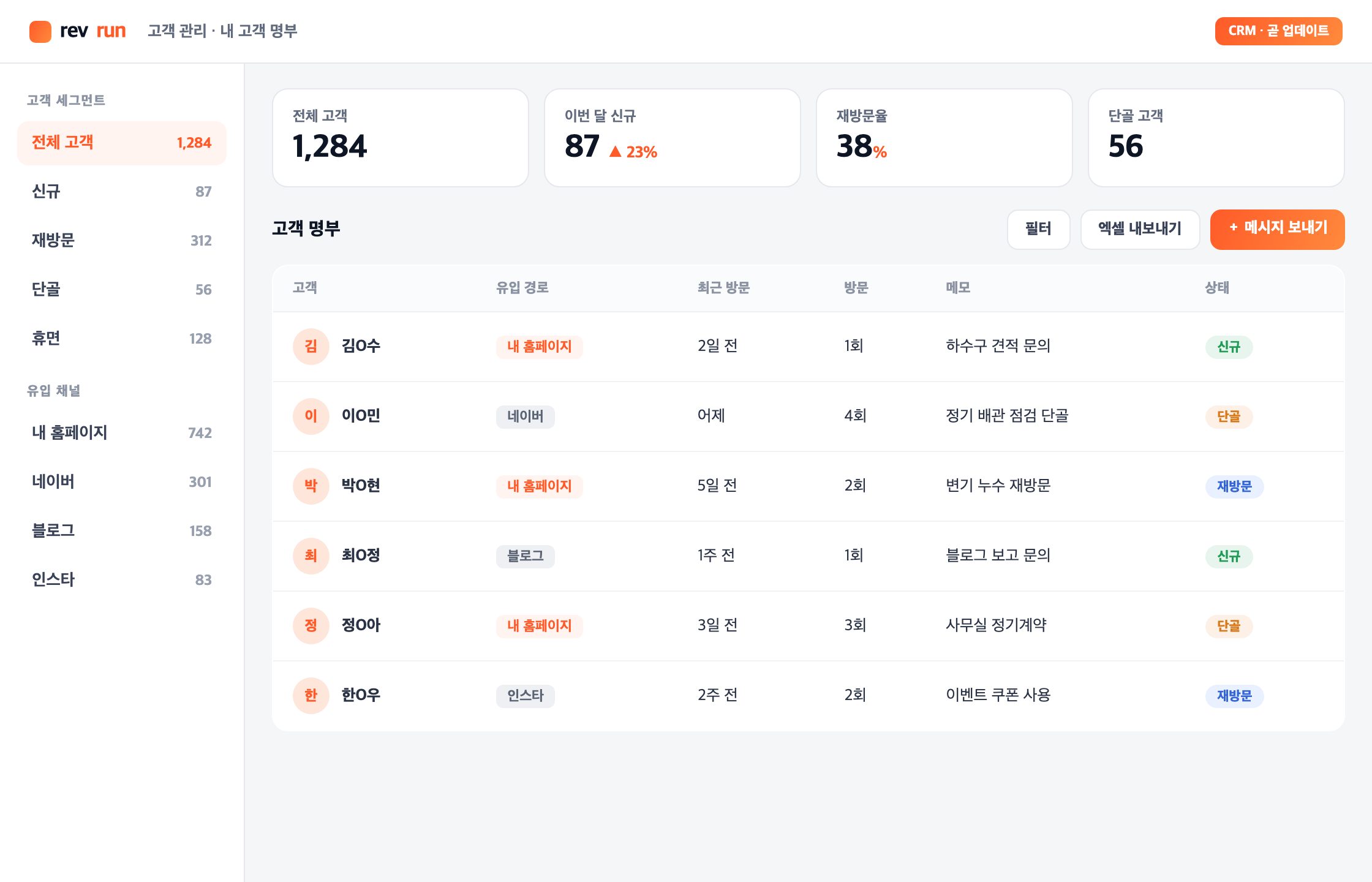 고객 관리 CRM 화면